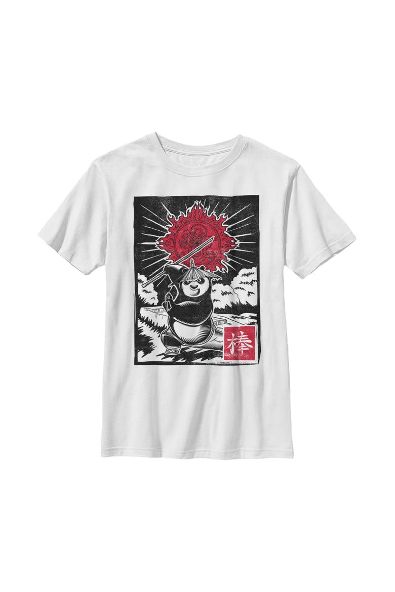 Boy's Kung Fu Panda Bo Staff Woodcut  Graphic T-Shirt, Main, color, White