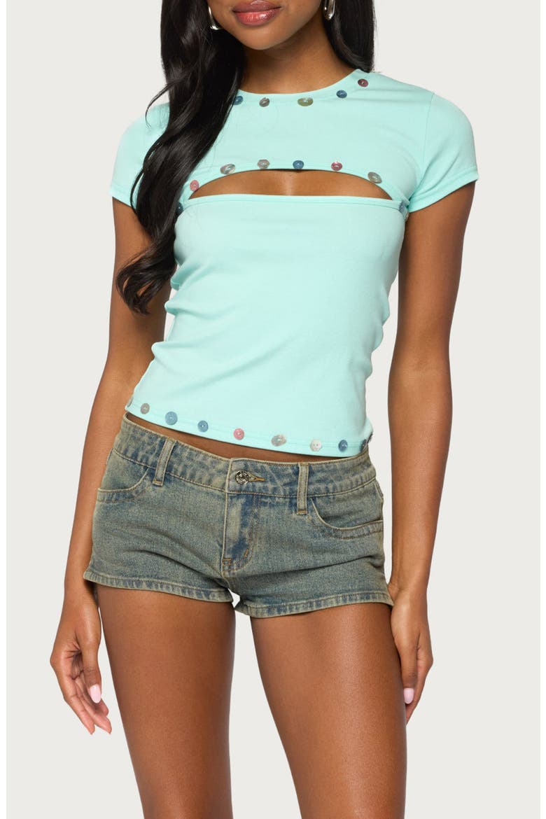 Suda Cutout Iridescent Button Tee, Main, color, AQUA