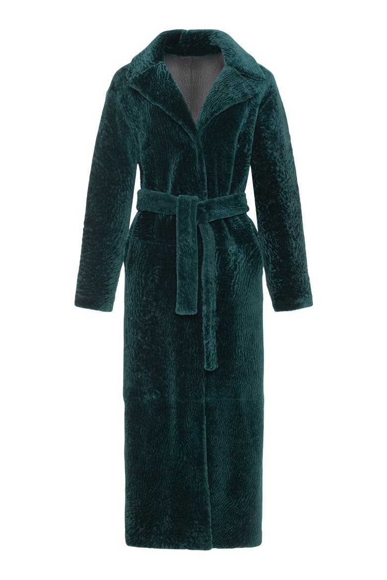 Reversible Textured Genuine Shearling Coat with Side Slits, Belt, Alternate, color, EMERALD/BLACK