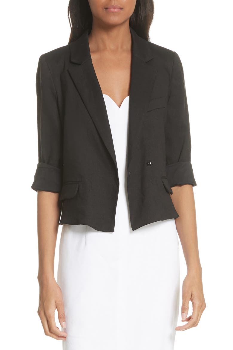 Crop Linen Blend Blazer, Main, color, BLACK