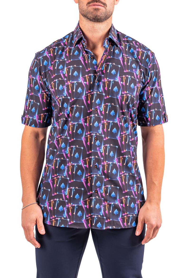 Galileo Resistance0346 Black Ace Print Short Sleeve Cotton Button-Up Shirt, Main, color, BLACK