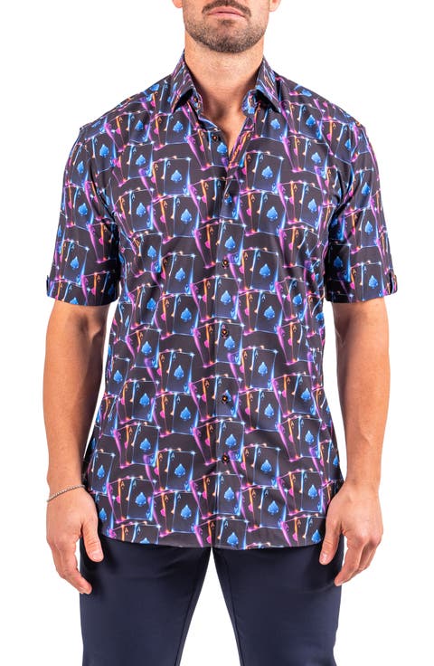 Galileo Resistance0346 Black Ace Print Short Sleeve Cotton Button-Up Shirt