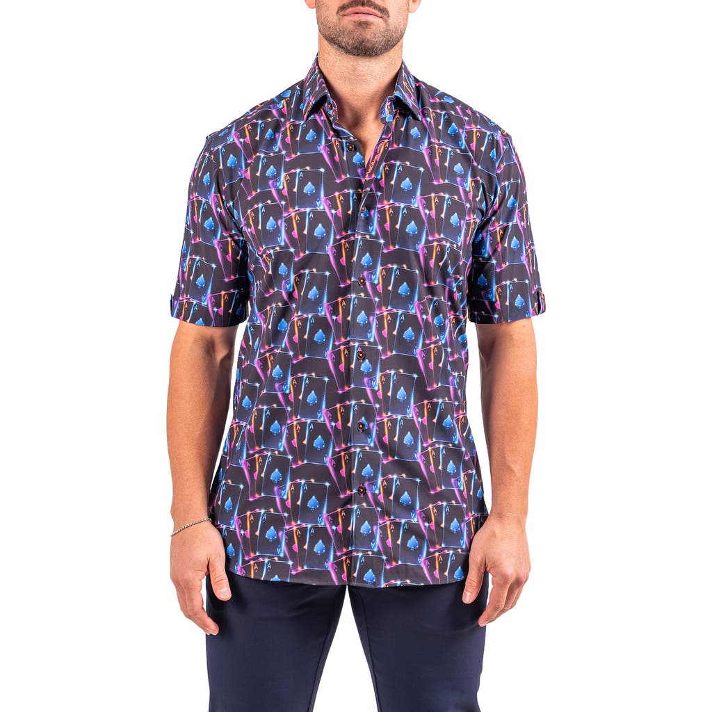 Maceoo Galileo Resistance0346 Black Ace Print Short Sleeve Cotton Button-up Shirt