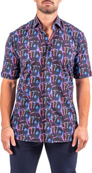 Maceoo Galileo Resistance0346 Black Ace Print Short Sleeve Cotton Button-Up Shirt