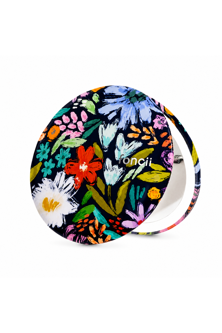 Mini Taylor LED Compact Mirror - Happy Flowers, Main, color, Black