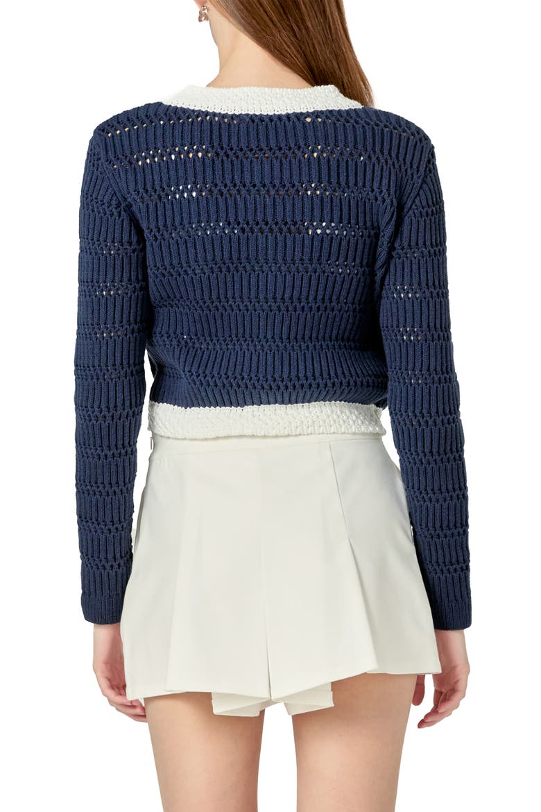 Contrast Crop Cardigan, Alternate, color, NAVY/ WHITE