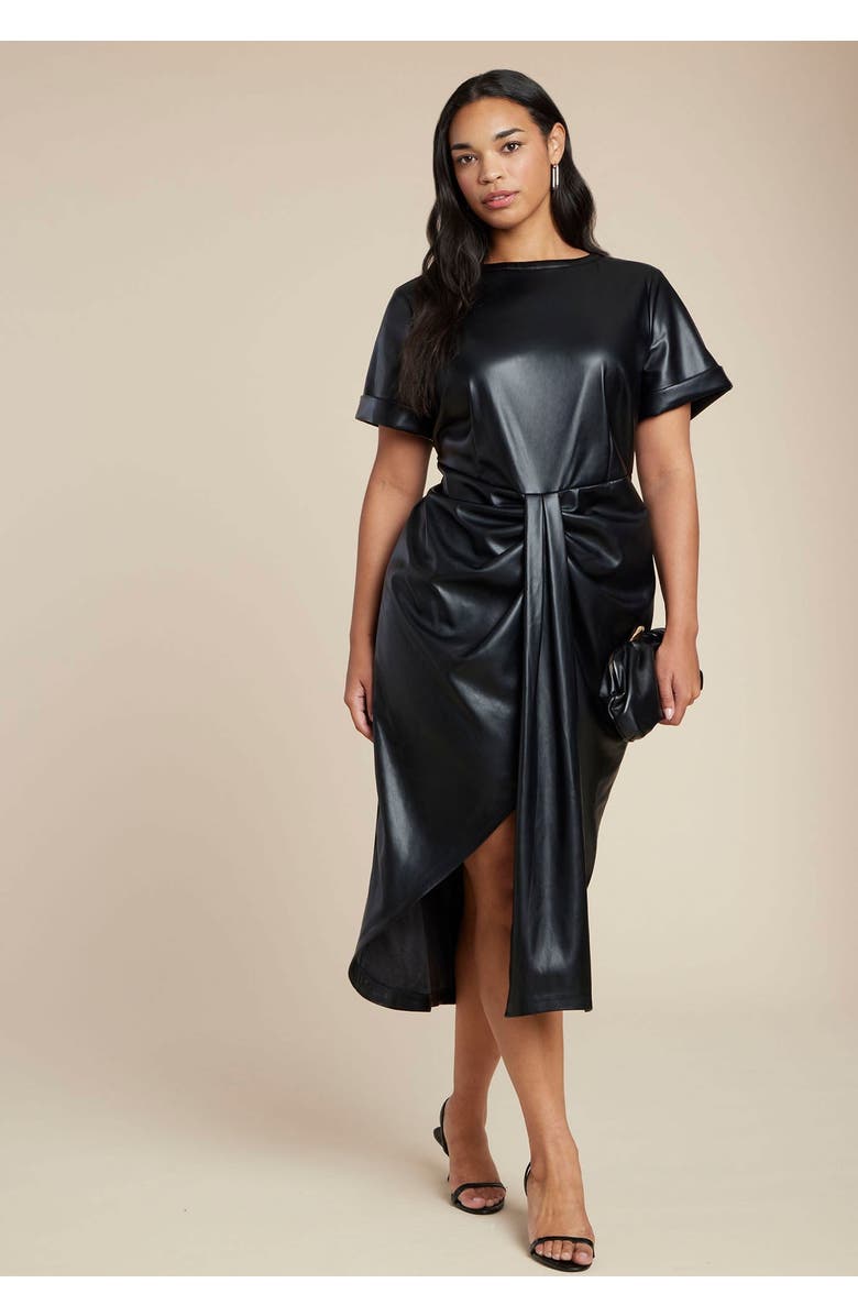 ELOQUII Faux Leather Tie Detail Dress, Main, color, Black Onyx