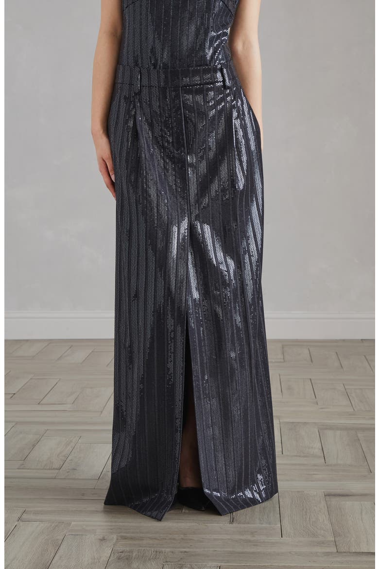 Comfort virgin wool chalk stripe sartorial column skirt with dazzling embroidery, Alternate, color, Dark Grey