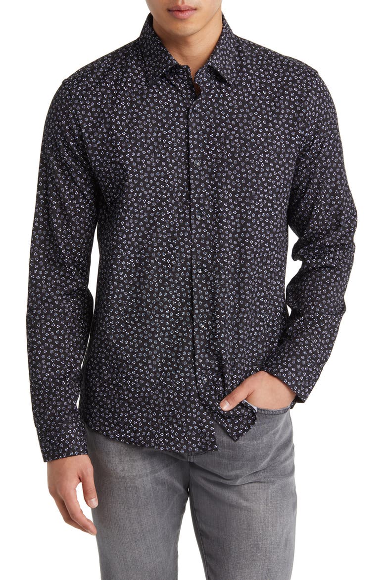 Ditsy Floral Button-Up Shirt, Main, color, BLACK