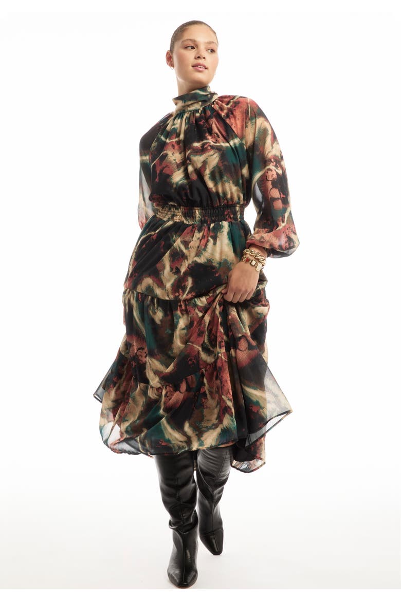 Mock-Neck Chiffon Midi Dress, Main, color, PAINTED MARBLE