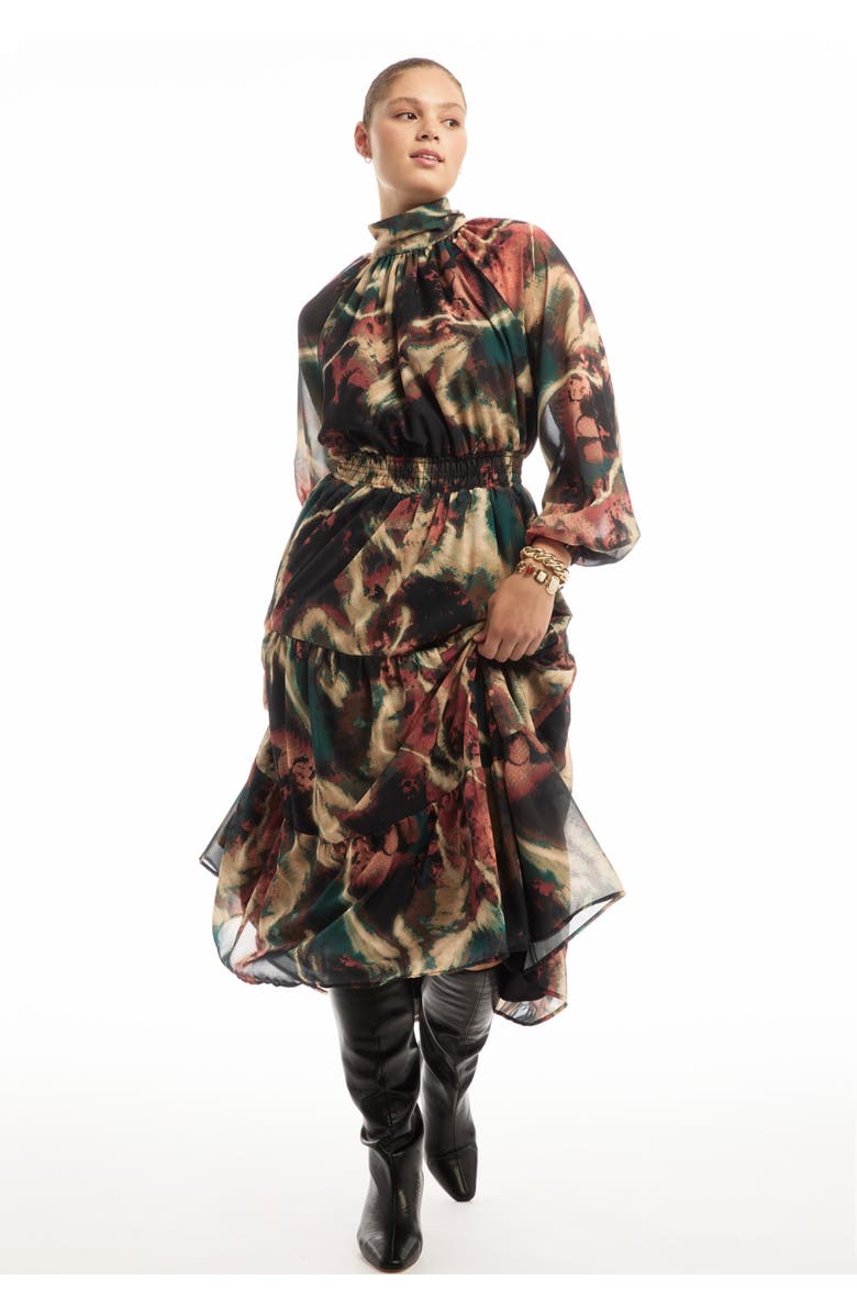 June + Vie Mock-Neck Chiffon Midi Dress, Main, color, Painted Marble