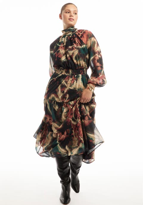 Mock-Neck Chiffon Midi Dress (Plus Available)