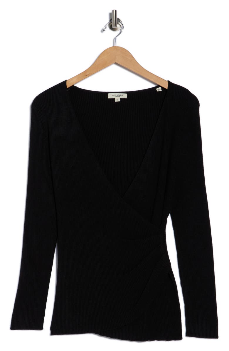 MAX STUDIO Faux Wrap Knit Sweater, Alternate, color, Black/Black