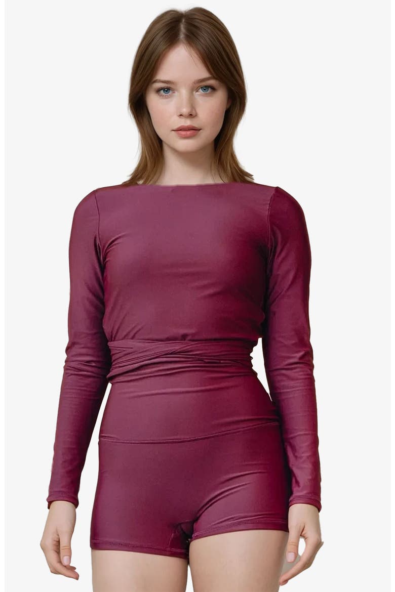 Avery 2-Piece Long Sleeve Wrap Swim Set With Reversible Top and Tummy Control Shorts, Alternate, color, Wine