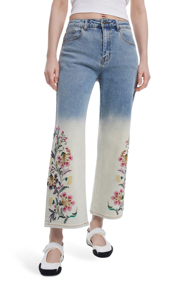 Floral Embroidery Ombré Crop Wide Leg Jeans, Main, color, BLUE