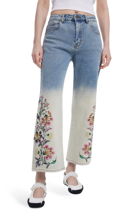 Floral Embroidery Ombré Crop Wide Leg Jeans