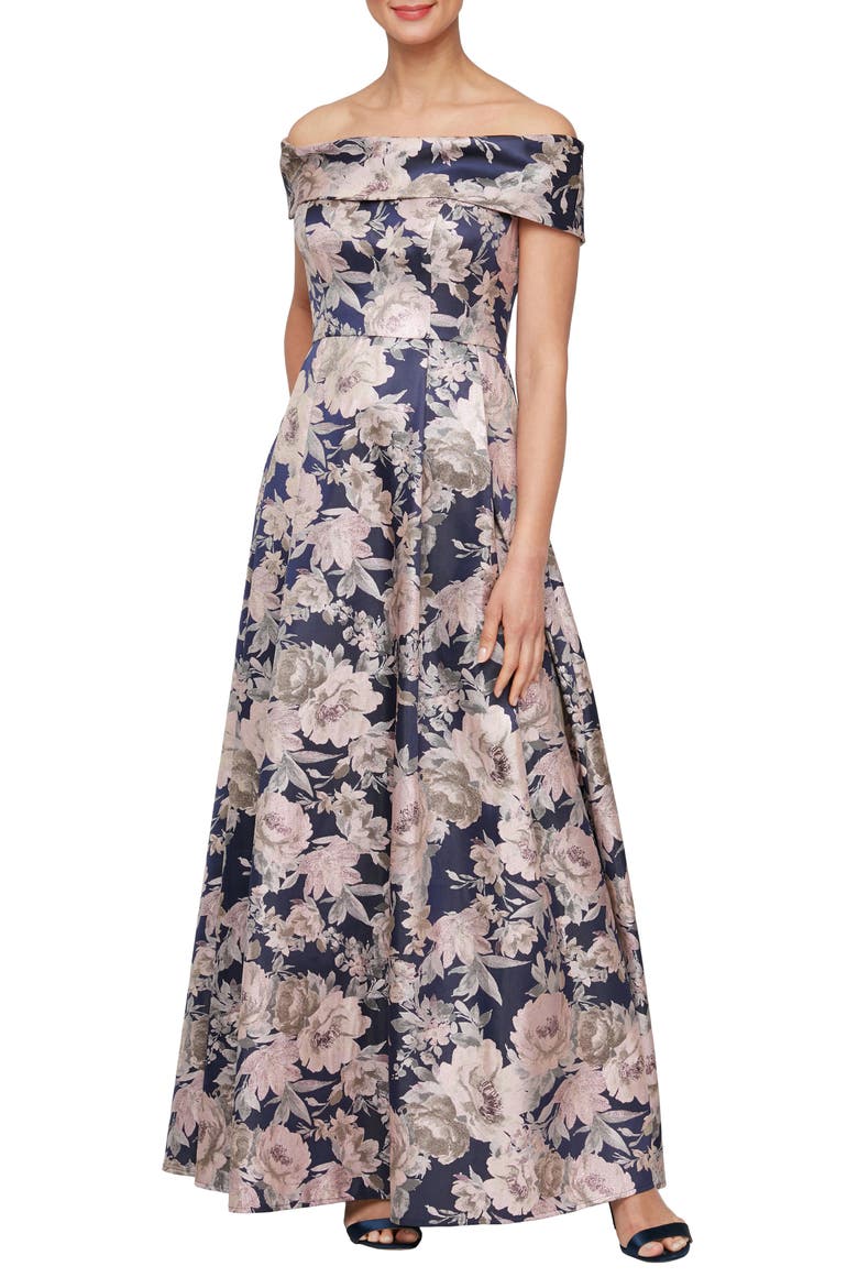 Floral Off the Shoulder Gown, Main, color, NAVY/ PINK