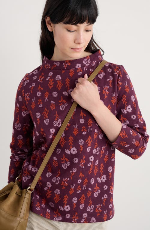 Seasalt Cornwall Field Glass Print Cotton Blend Mock Neck Top In Burgundy