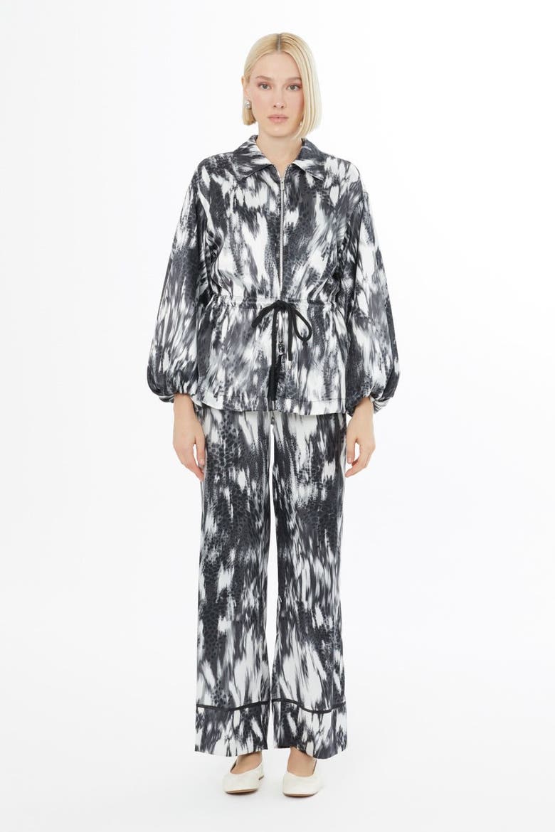 Ruffled Sleeve Printed Loose Fit Grey Set, Main, color, Grey