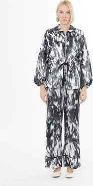 Gizia Ruffled Sleeve Printed Loose Fit Grey Set