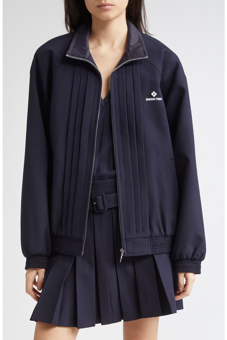 Tucker Logo Stitch Pleated Wool & Silk Zip Jacket, Main, color, NAVY BLUE