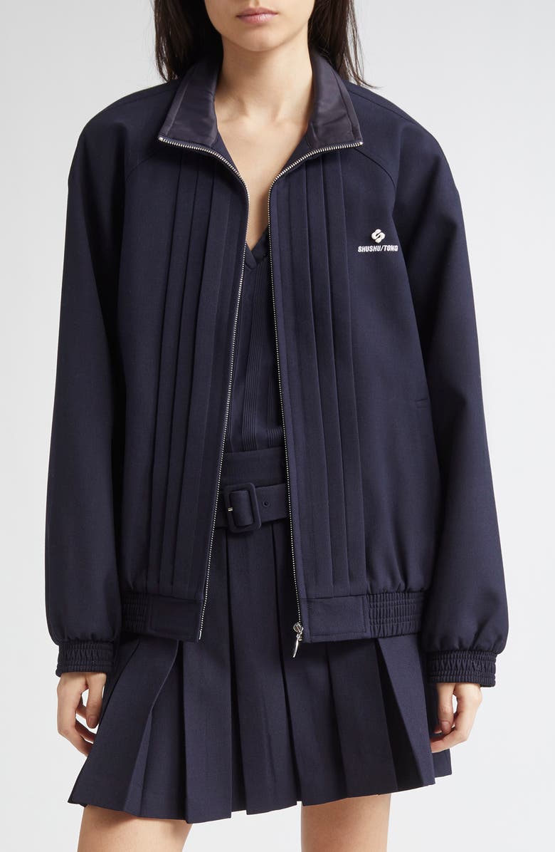 Shushu/Tong Tucker Logo Stitch Pleated Wool & Silk Zip Jacket, Main, color, 