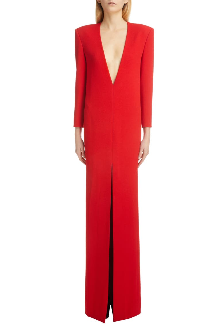 Plunge Neck Long Sleeve Crepe Satin Column Gown, Alternate, color, ROUGE
