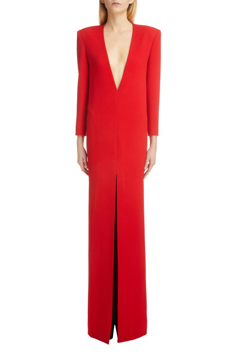 Saint Laurent Plunge Neck Long Sleeve Crepe Satin Column Gown, Alternate, color, 