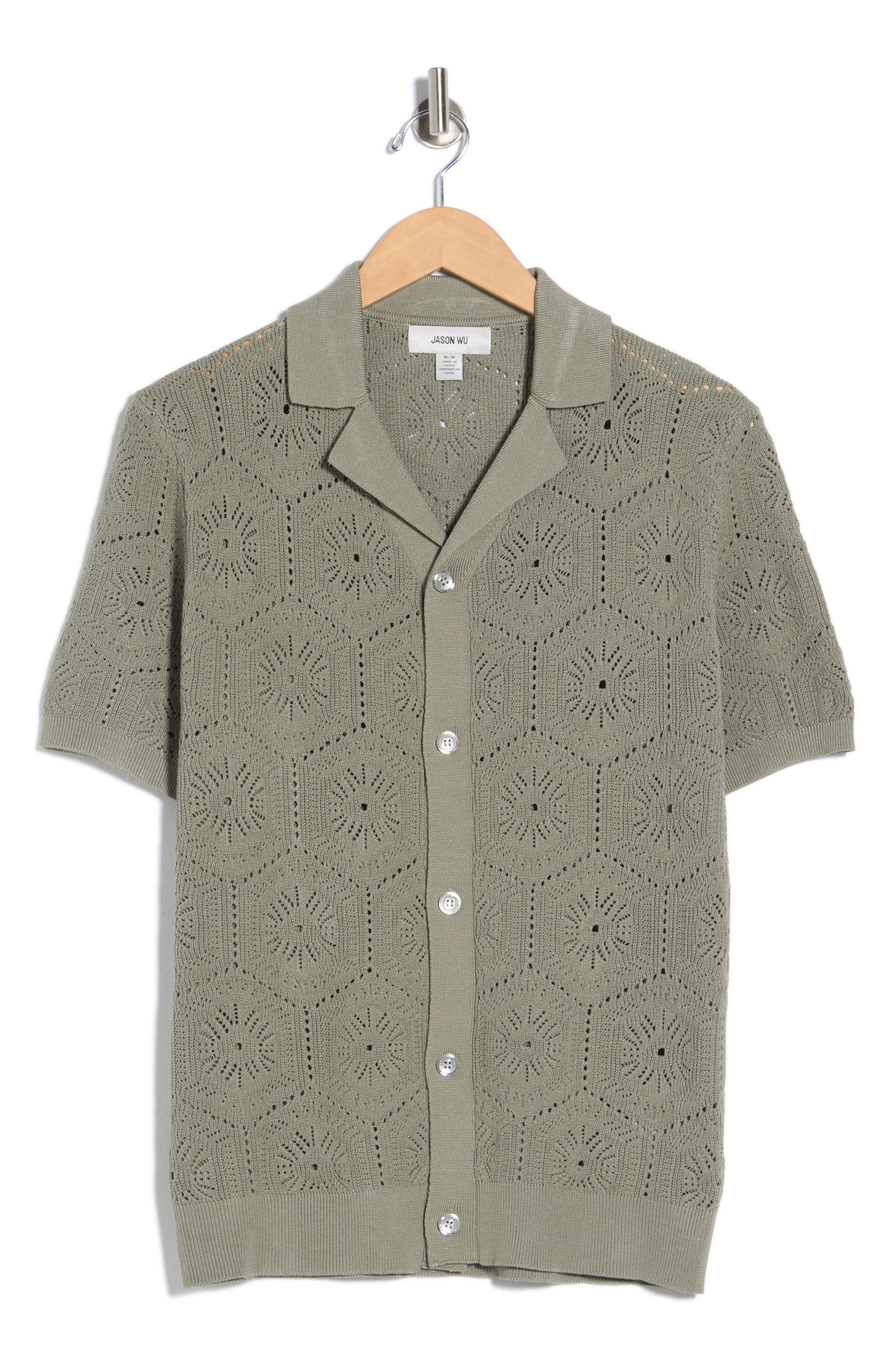 JASON WU Pointelle Knit Short Sleeve Button-Up Shirt