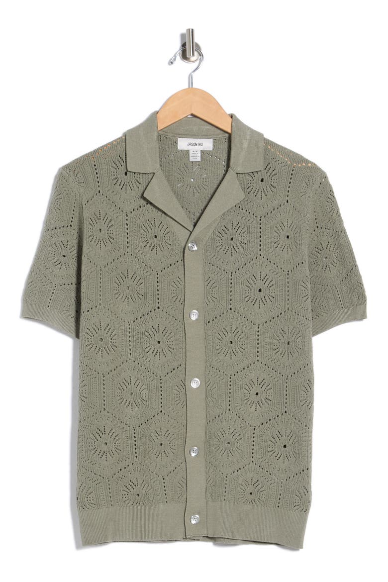 Pointelle Knit Short Sleeve Button-Up Shirt, Alternate, color, SAGE GREEN