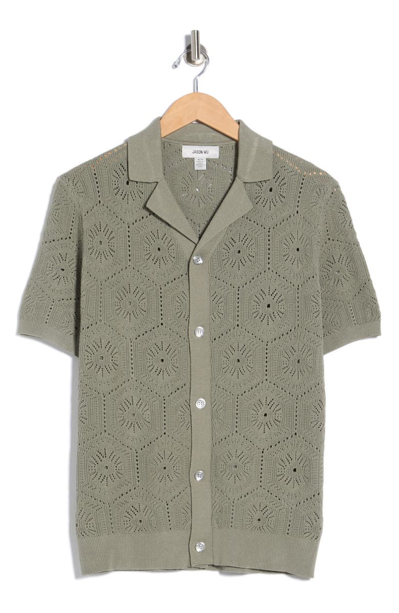 JASON WU Pointelle Knit Short Sleeve Button-Up Shirt, Main, color, Sage Green