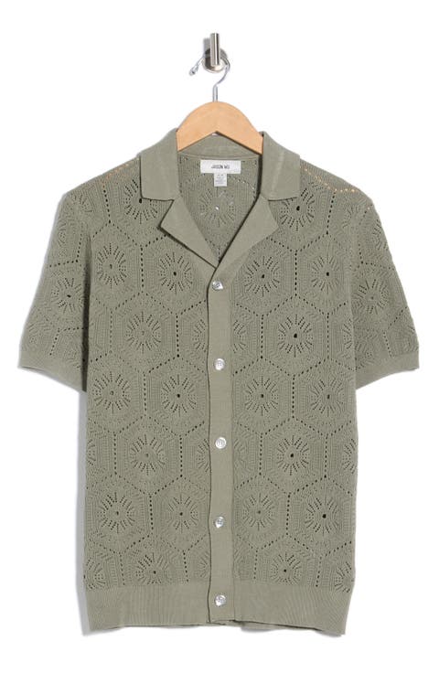 Pointelle Knit Short Sleeve Button-Up Shirt