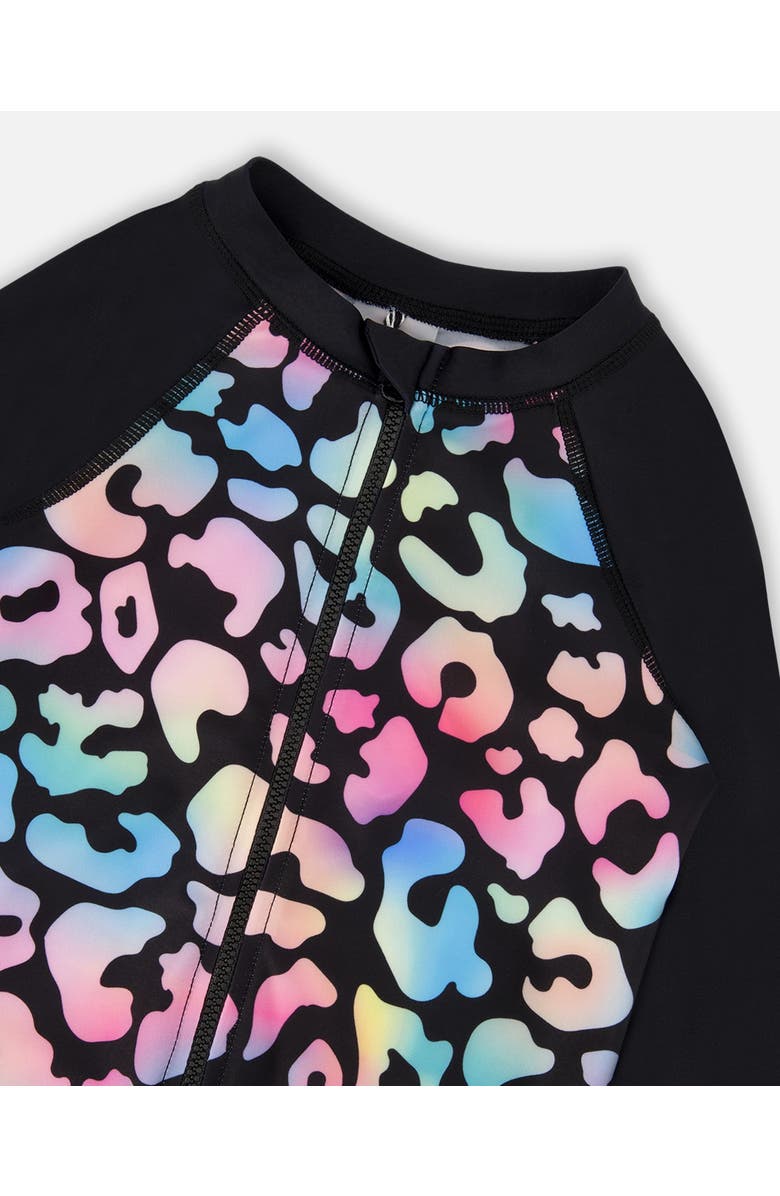 Deux par Deux One-Piece Long Sleeve Leopard Rashguard, Alternate, color, Black Leopard Print