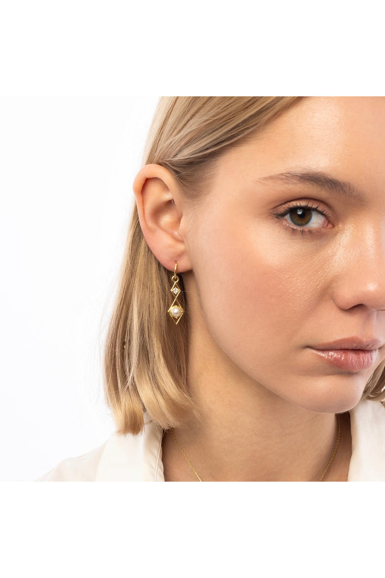 Sterling Silver Rhombus 3D Pearl Earrings, Alternate, color, Gold
