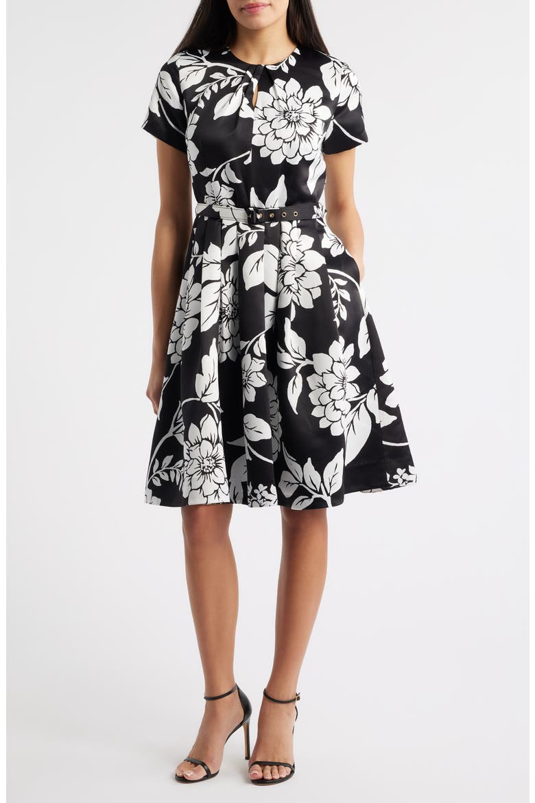 Floral Fit & Flare Dress, Main, color, BLACK WHITE