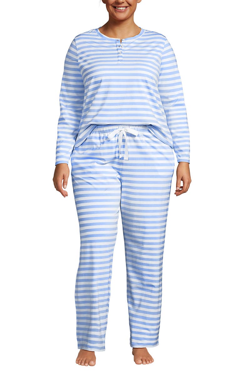 Lands
 End Plus Size Knit 2 Piece Pajama Set - Long Sleeve Top and Pants, Main, color, Clear Blue Sky Even Stripe