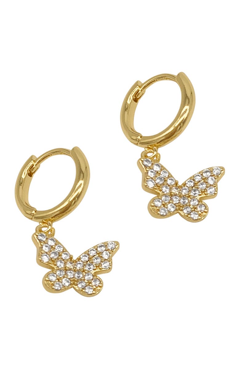 Adornia 14K Gold Plated Pave Butterfly Drop Huggie Earrings, Alternate, color, 