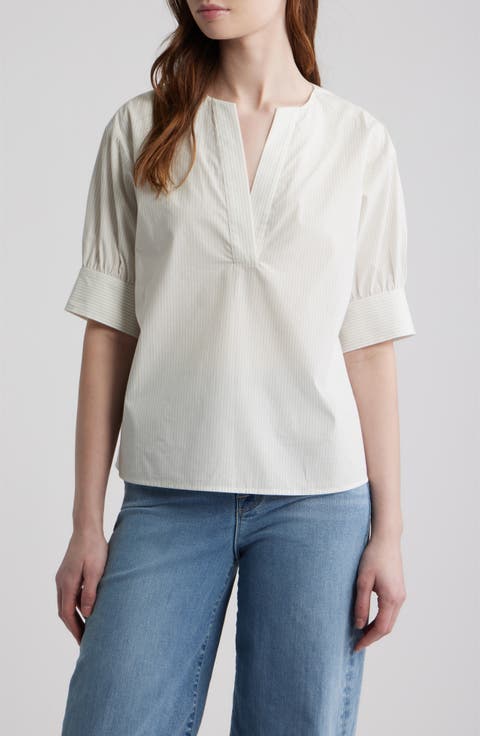 Stripe Split Neck Organic Cotton Popover Top