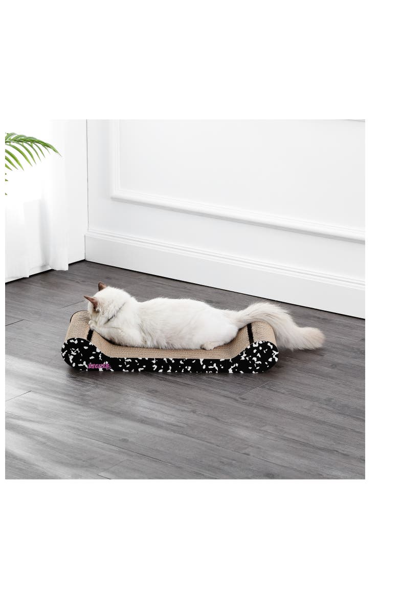 Rini Modern Cardboard Lounge Bed Cat Scratcher with Built-In Bell Toys and Catnip, Alternate, color, Black/White