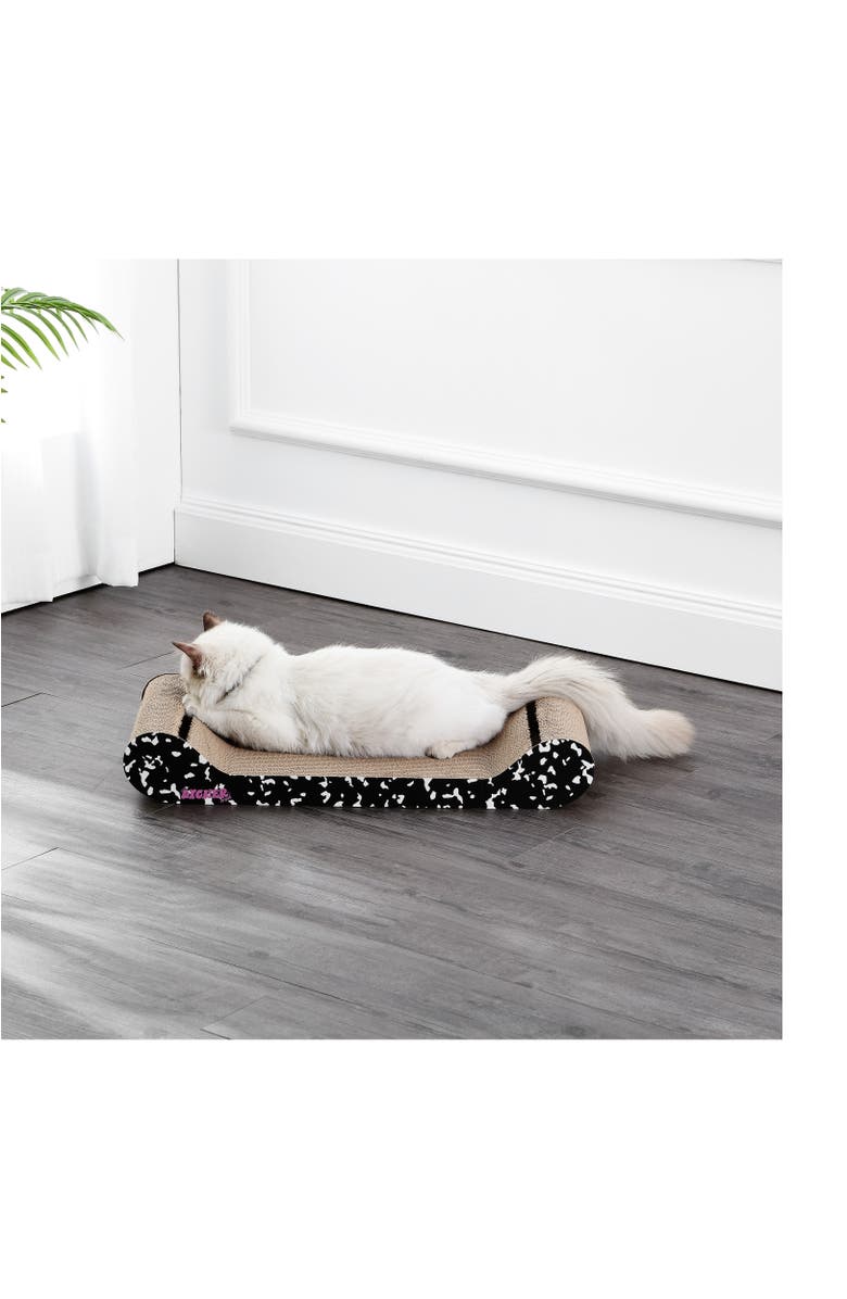 The Licker Store Rini 23.75" Modern Cardboard Lounge Bed Cat Scratcher with Built-In Bell Toys and Catnip, Alternate, color, Black/White