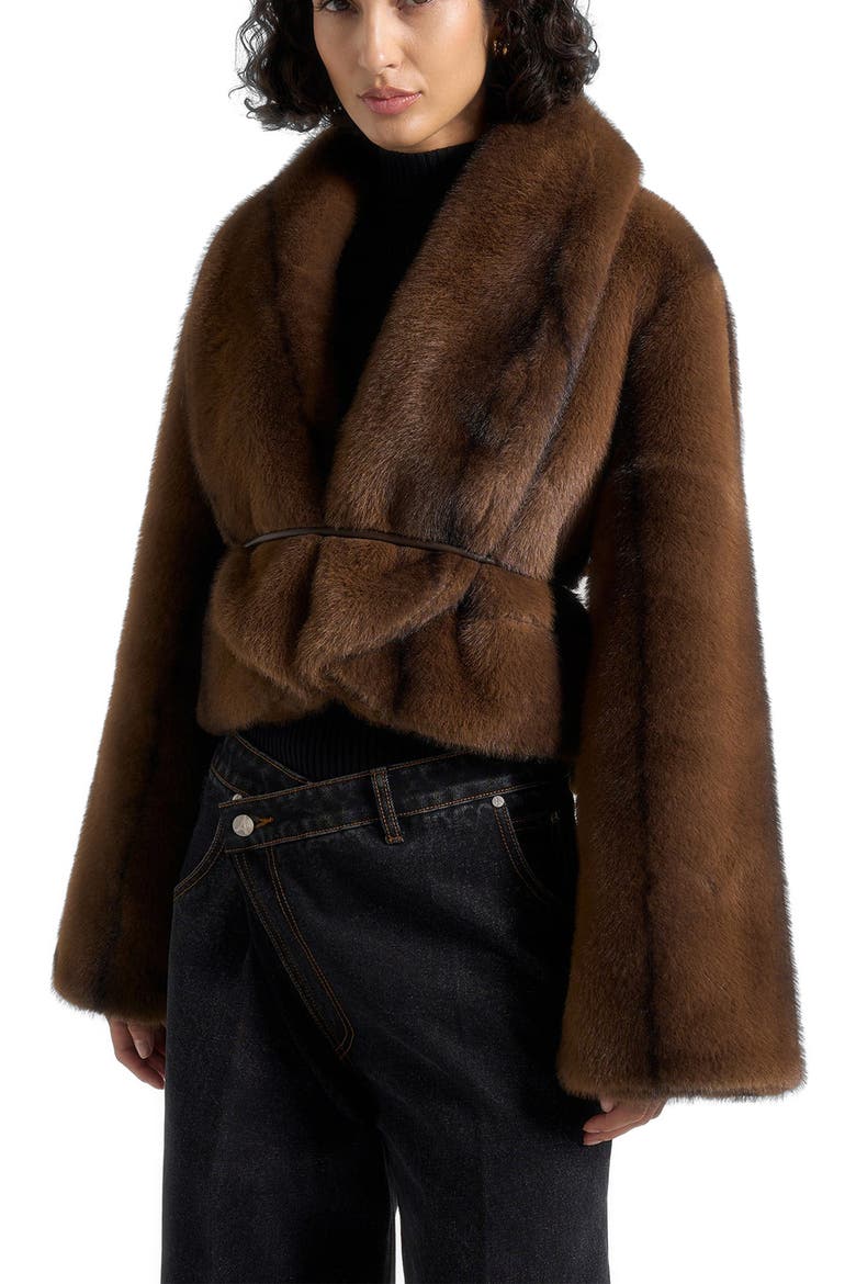 Nola Fur Shawl Jacket with Leather Belt, Alternate, color, Brown
