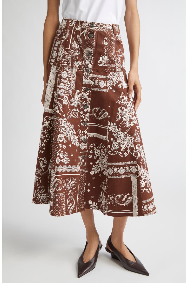 Print A-Line Midi Skirt, Main, color, DARK SEPIA