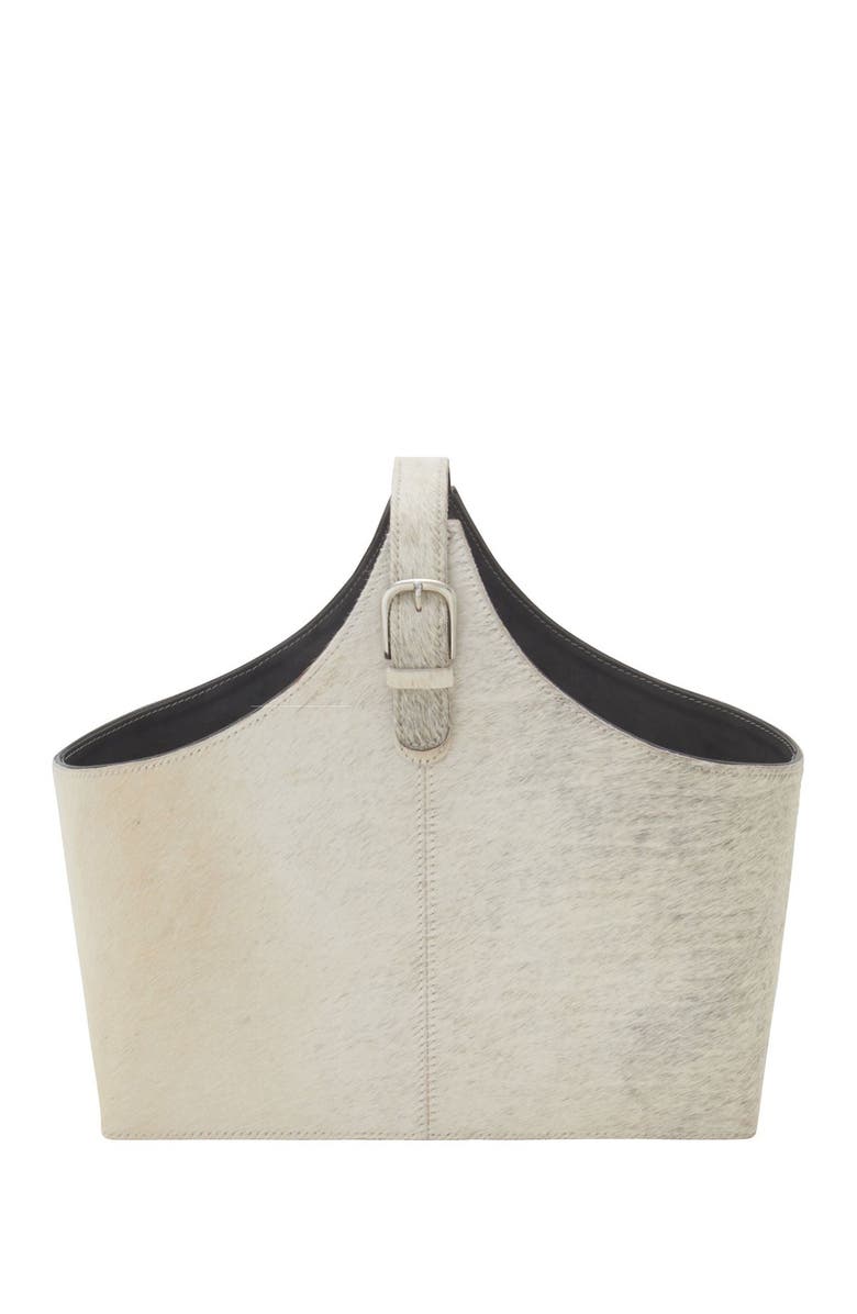 SONOMA SAGE HOME Gray Genuine Goat Hair & Leather Magazine Holder with Detail Stitching & Curved Handles, Alternate, color, White