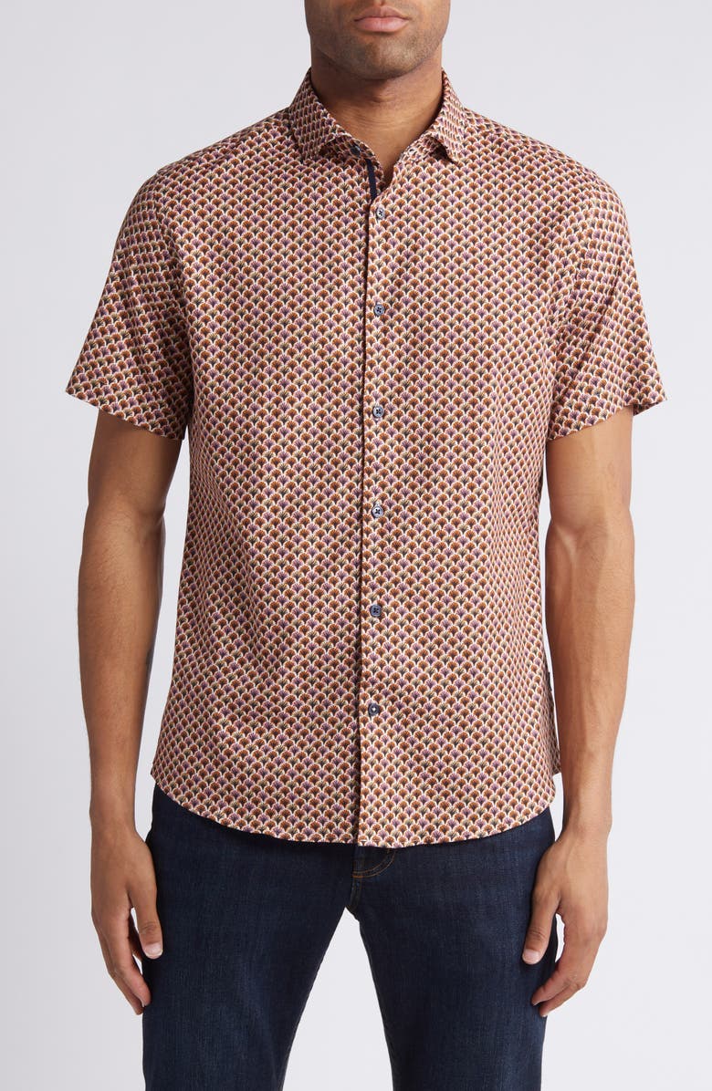Stone Rose Retro Palm Print Short Sleeve Stretch Cotton & Lyocell Button-Up Shirt, Main, color,