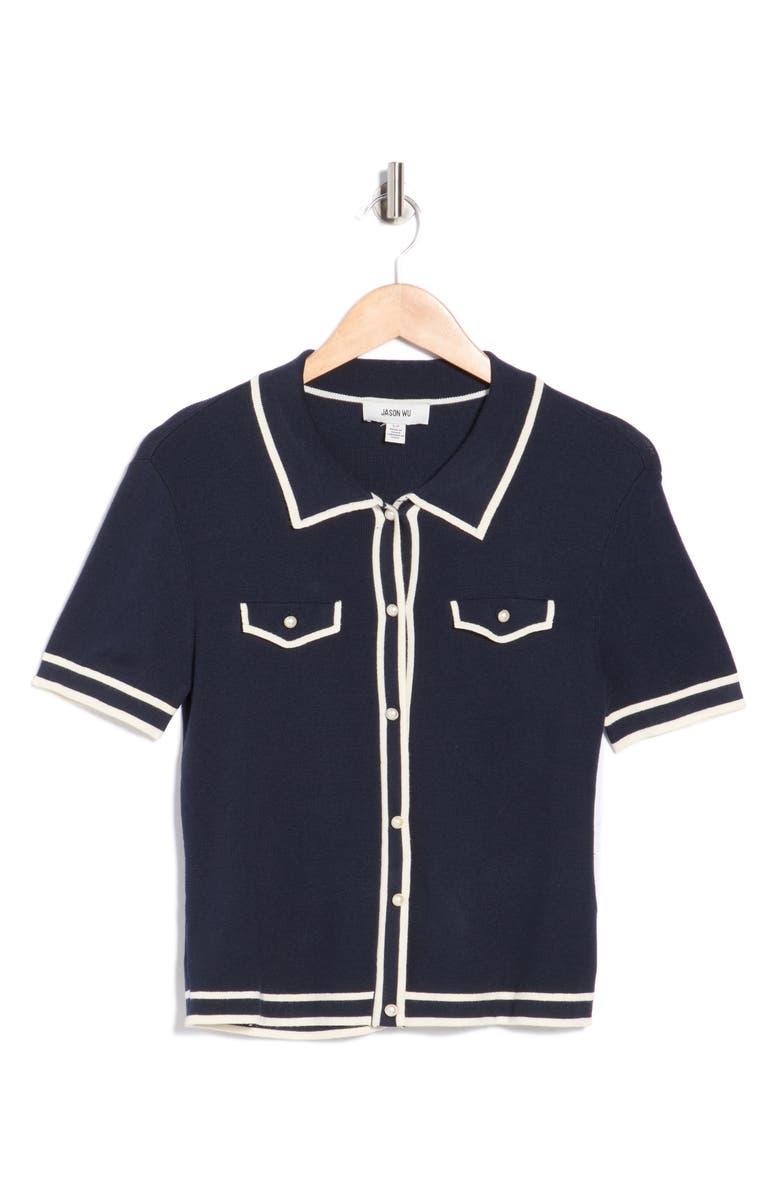 JASON WU Pearly Button Short Sleeve Crop Sweater, Alternate, color, Nightlife/ Ivory