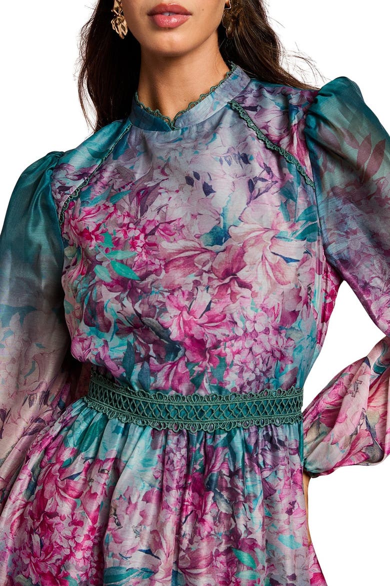 Floral Print Organza Mini Dress, Alternate, color, Teal
