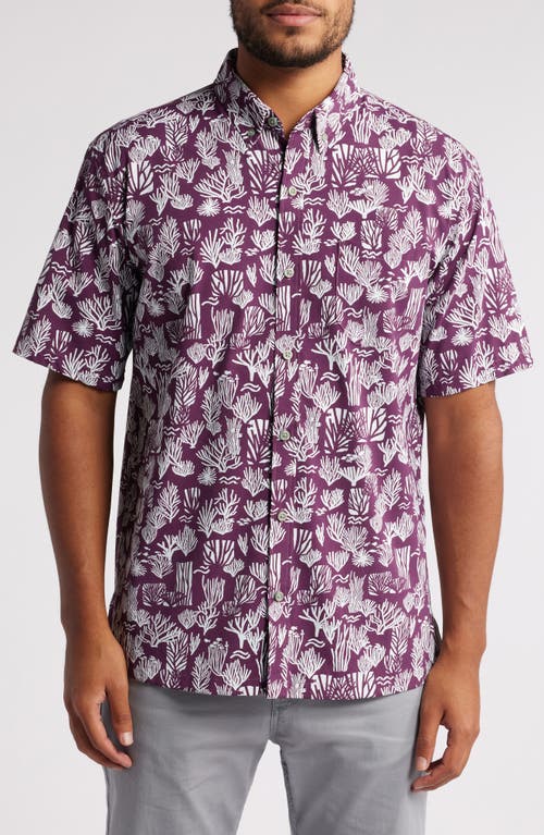 Tori Richard Coral Currents Short Sleeve Stretch Button-Down Shirt in Eggplant 