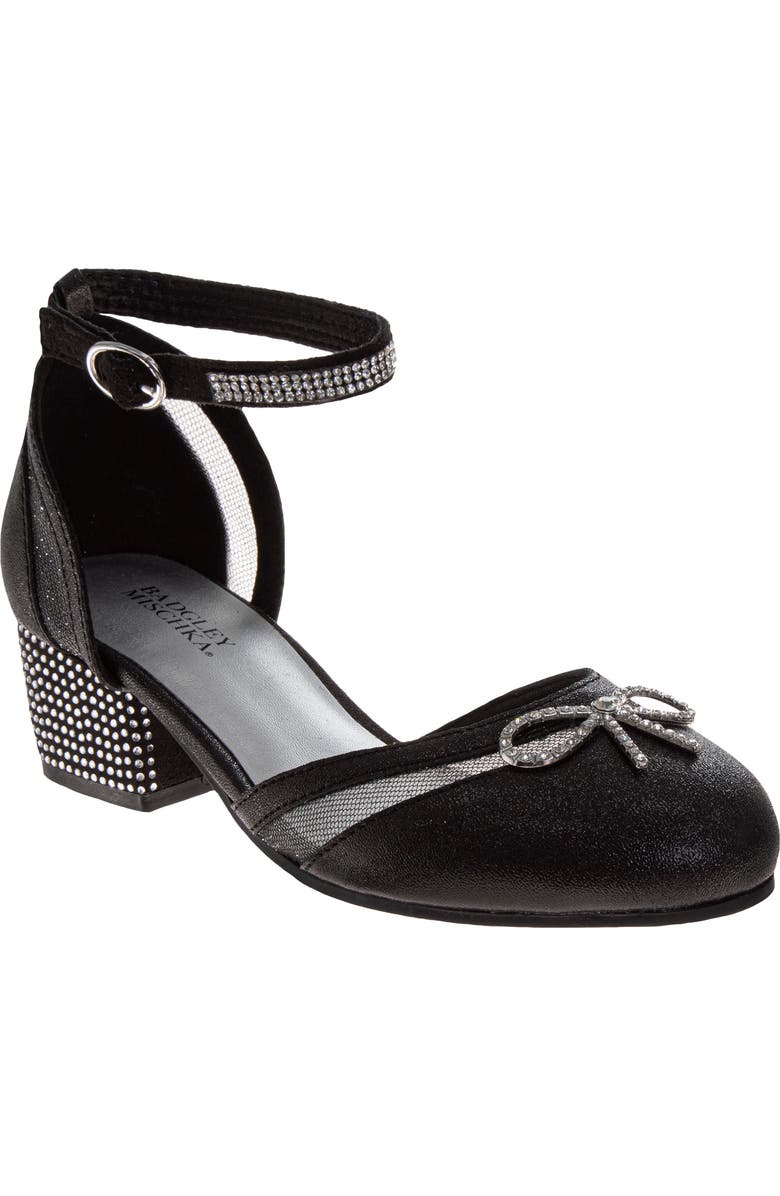 Badgley Mischka Collection Kids' Crystal Bow Ankle Strap Pump, Main, color, Black