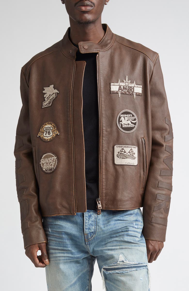 AMIRI Patch Racer Leather Jacket, Main, color, Walnut Brown