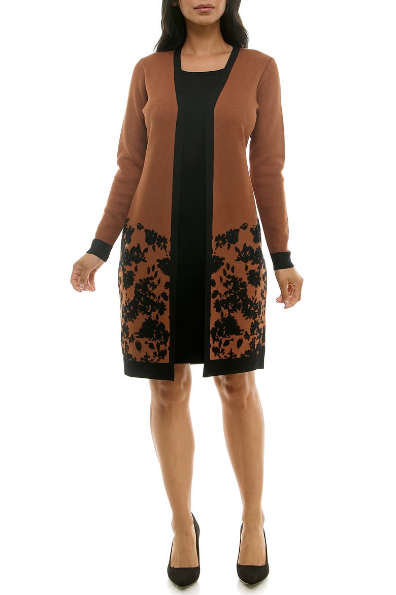 Long Sleeve Twofer Dress, Main, color, COGNAC/ BLACK